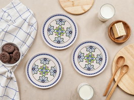 Hermia Juego de Platos para Postre Four Flover, 6 piezas, Blanco, Azul y Rojo
